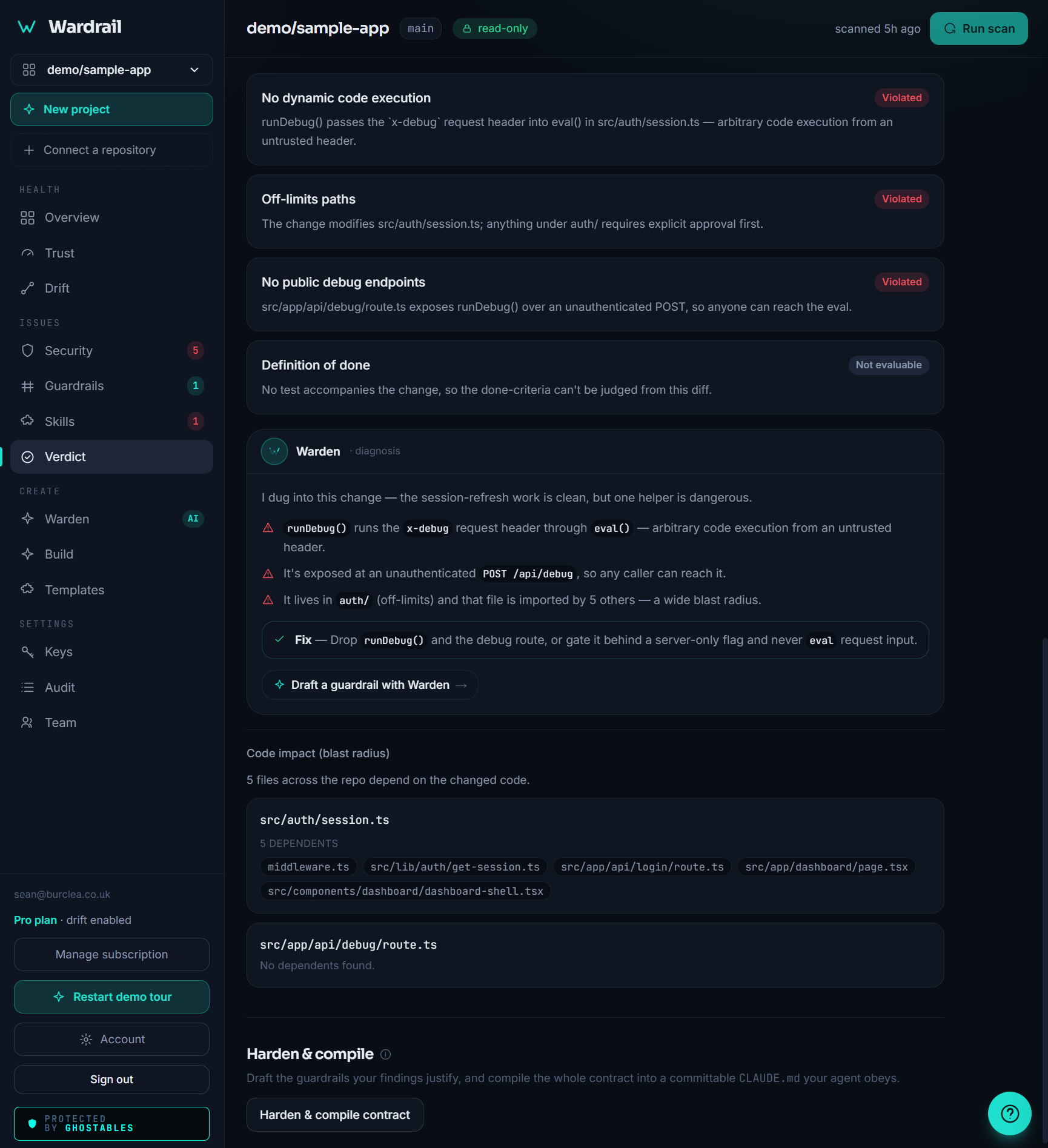 Wardrail reviewing a change: violations, blast radius, and the Warden verdict